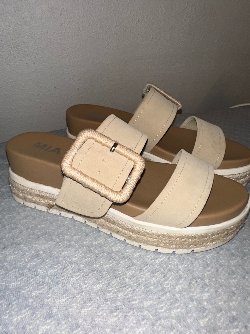 MIA Neutral Beige Espadrille Platform Slide Sandals with Wrapped Buckle